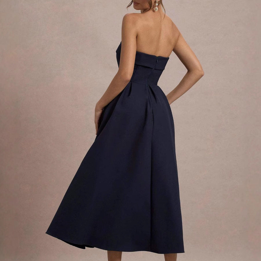 Women’s Strapless Midi Dress - Fitted Bodice - A-Line Silhouette - Elegant Formal Wear