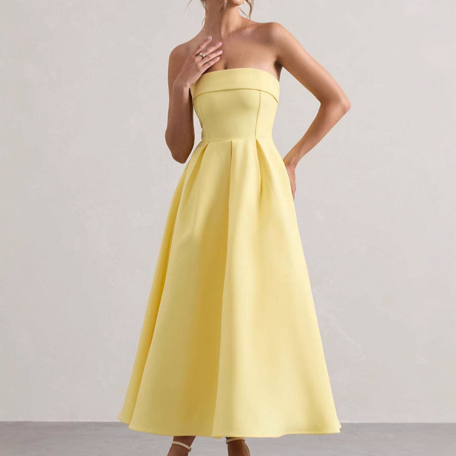 Women’s Strapless Midi Dress - Fitted Bodice - A-Line Silhouette - Elegant Formal Wear