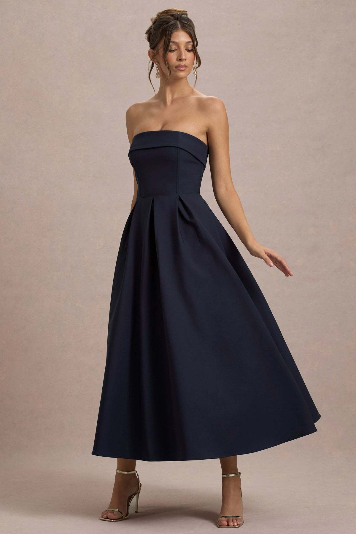 Women’s Strapless Midi Dress - Fitted Bodice - A-Line Silhouette - Elegant Formal Wear