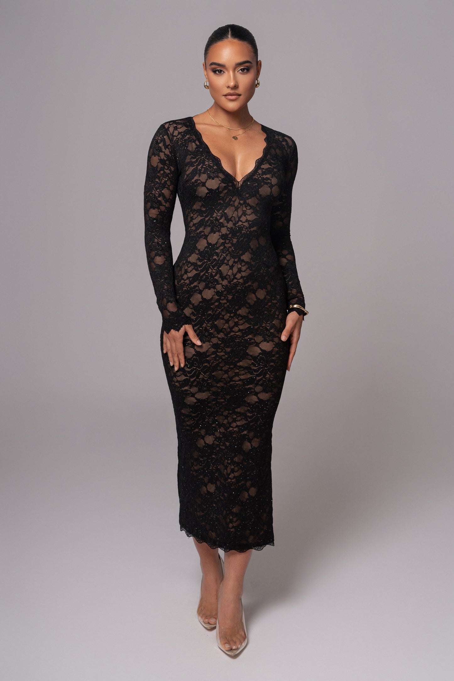 Women's Lace Dress - Long Sleeve - V-Neck - Midi Length - Elegant Formal Wear