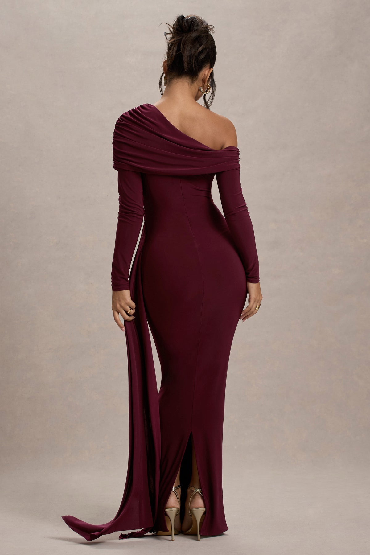 Women’s Evening Gown - Off Shoulder - Long Sleeve - Fitted Silhouette - Side Drape