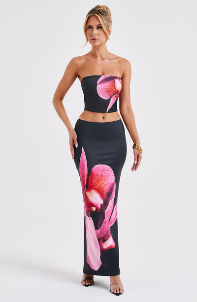 Women’s Two-Piece Set – Strapless Crop Top – Fitted Maxi Skirt – Bold Floral Print