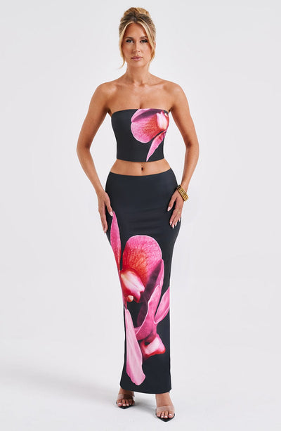 Women’s Two-Piece Set – Strapless Crop Top – Fitted Maxi Skirt – Bold Floral Print