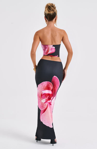 Women’s Two-Piece Set – Strapless Crop Top – Fitted Maxi Skirt – Bold Floral Print