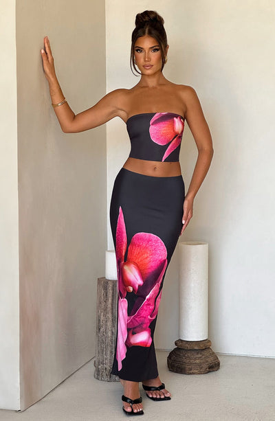 Women’s Two-Piece Set – Strapless Crop Top – Fitted Maxi Skirt – Bold Floral Print