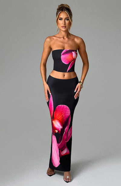 Women’s Two-Piece Set – Strapless Crop Top – Fitted Maxi Skirt – Bold Floral Print