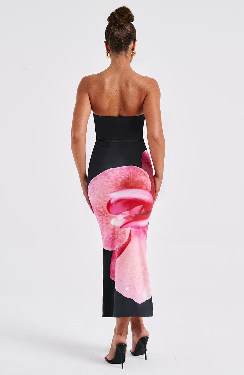 Women's Bodycon Dress - Strapless Midi Fit - Bold Floral Print - Elegant Evening Wear