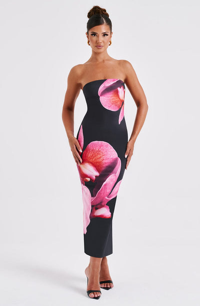 Women's Bodycon Dress - Strapless Midi Fit - Bold Floral Print - Elegant Evening Wear