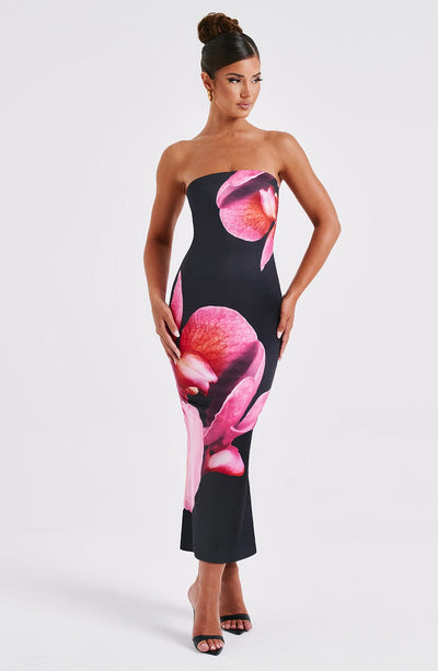 Women's Bodycon Dress - Strapless Midi Fit - Bold Floral Print - Elegant Evening Wear