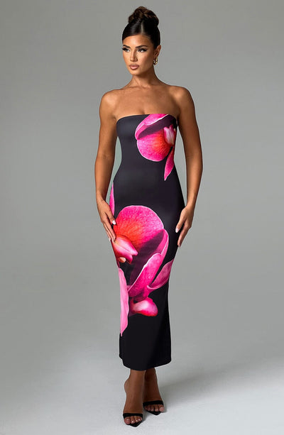 Women's Bodycon Dress - Strapless Midi Fit - Bold Floral Print - Elegant Evening Wear