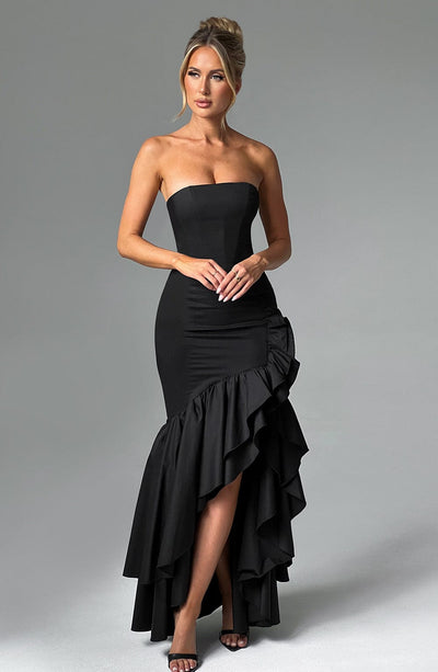 Women’s Evening Gown - Strapless Mermaid Fit - High Slit with Ruffle Detail - Satin Finish