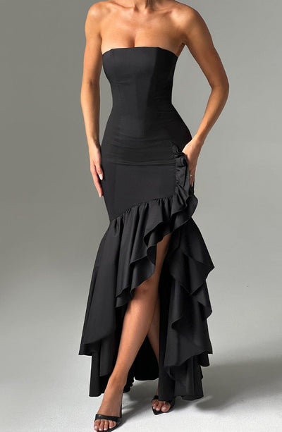 Women’s Evening Gown - Strapless Mermaid Fit - High Slit with Ruffle Detail - Satin Finish
