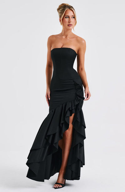 Women’s Evening Gown - Strapless Mermaid Fit - High Slit with Ruffle Detail - Satin Finish