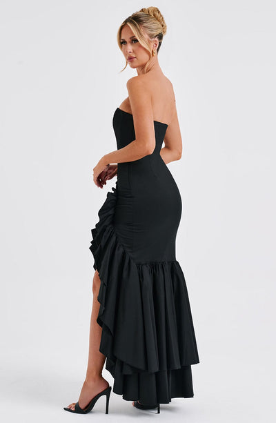 Women’s Evening Gown - Strapless Mermaid Fit - High Slit with Ruffle Detail - Satin Finish