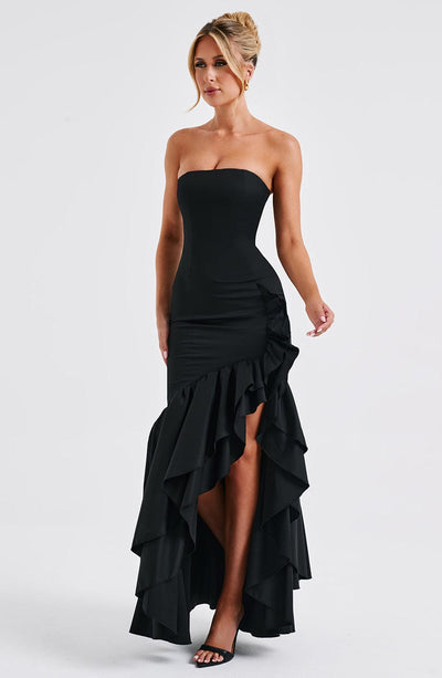Women’s Evening Gown - Strapless Mermaid Fit - High Slit with Ruffle Detail - Satin Finish