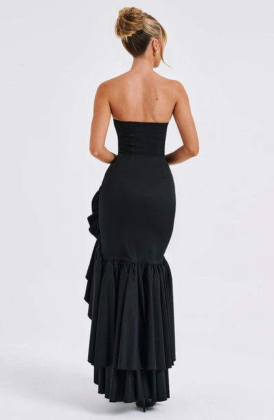 Women’s Evening Gown - Strapless Mermaid Fit - High Slit with Ruffle Detail - Satin Finish