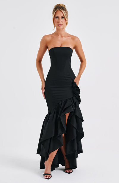 Women’s Evening Gown - Strapless Mermaid Fit - High Slit with Ruffle Detail - Satin Finish
