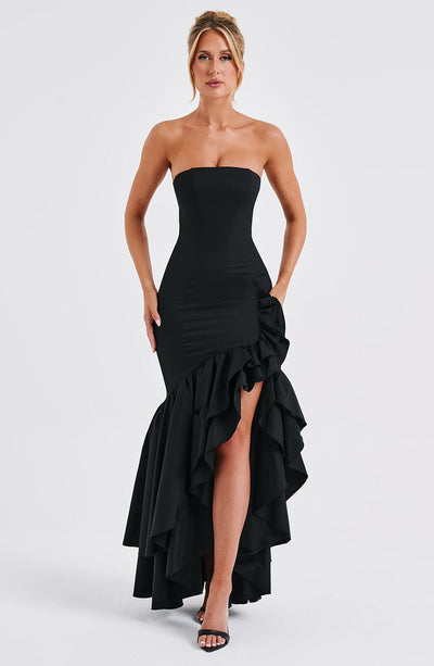 Women’s Evening Gown - Strapless Mermaid Fit - High Slit with Ruffle Detail - Satin Finish