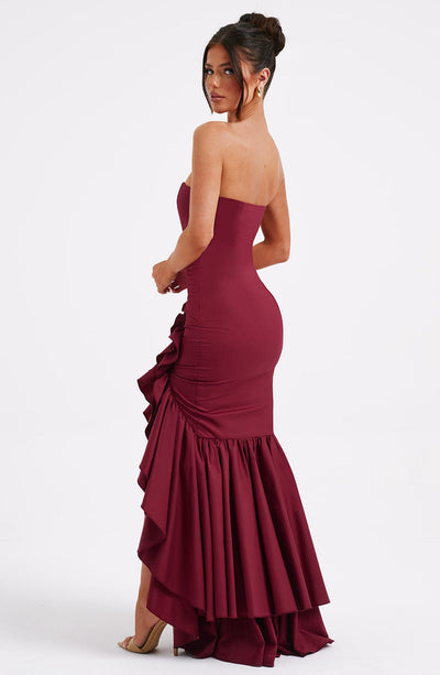 Women’s Evening Gown - Strapless Mermaid Fit - High Slit with Ruffle Detail - Satin Finish