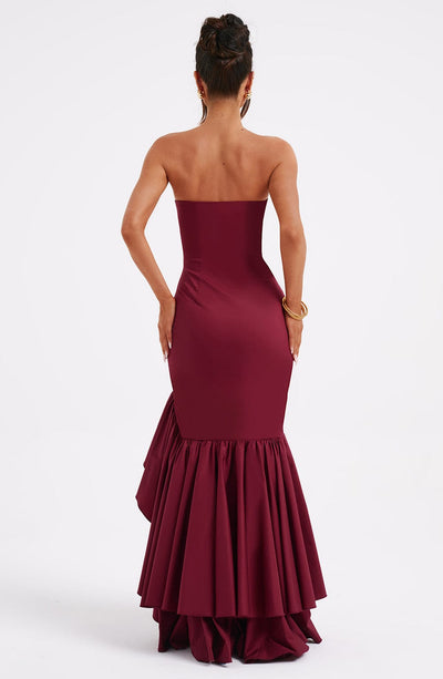Women’s Evening Gown - Strapless Mermaid Fit - High Slit with Ruffle Detail - Satin Finish