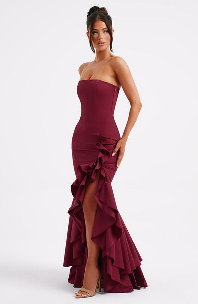 Women’s Evening Gown - Strapless Mermaid Fit - High Slit with Ruffle Detail - Satin Finish