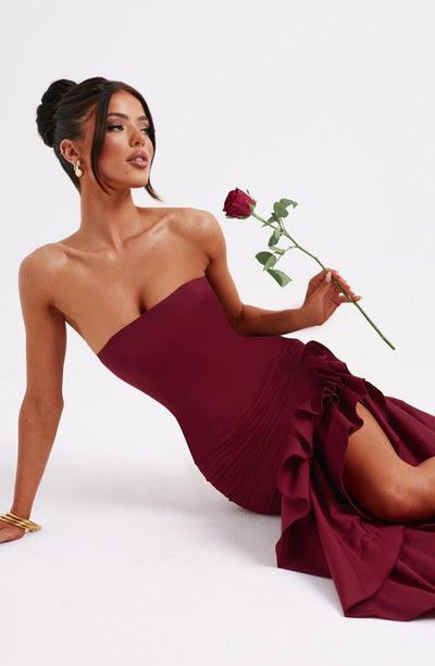 Women’s Evening Gown - Strapless Mermaid Fit - High Slit with Ruffle Detail - Satin Finish