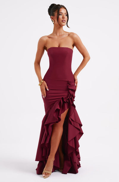 Women’s Evening Gown - Strapless Mermaid Fit - High Slit with Ruffle Detail - Satin Finish