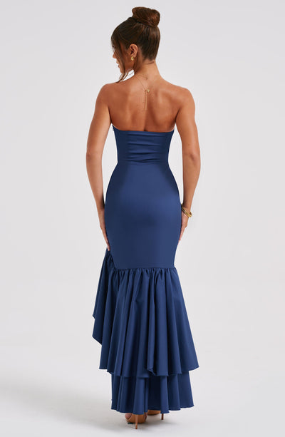 Women’s Evening Gown - Strapless Mermaid Fit - High Slit with Ruffle Detail - Satin Finish
