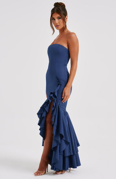 Women’s Evening Gown - Strapless Mermaid Fit - High Slit with Ruffle Detail - Satin Finish