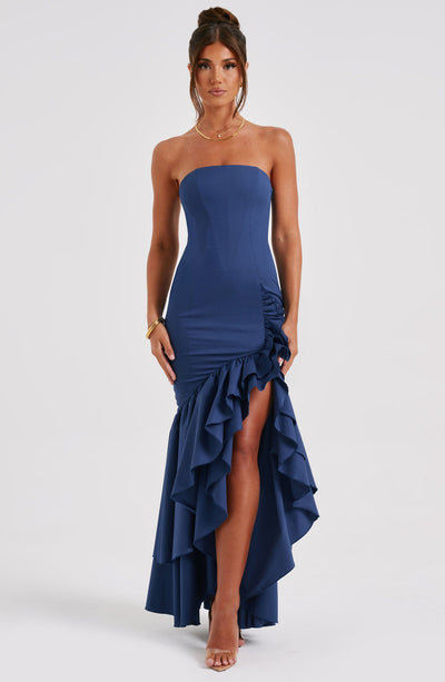 Women’s Evening Gown - Strapless Mermaid Fit - High Slit with Ruffle Detail - Satin Finish