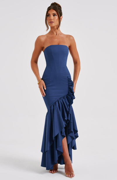 Women’s Evening Gown - Strapless Mermaid Fit - High Slit with Ruffle Detail - Satin Finish