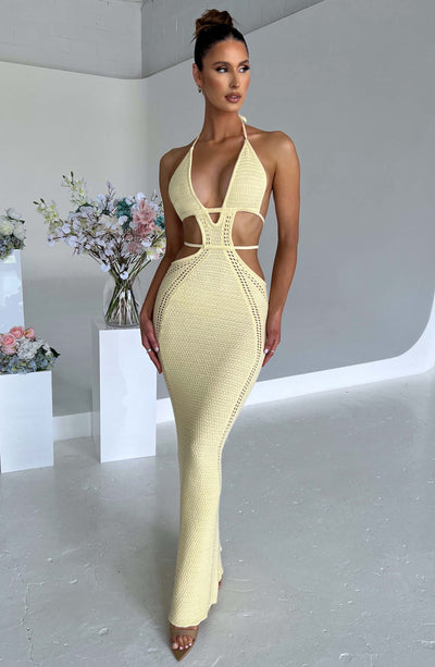 Women’s Evening Gown – Halter Neck – Waist Cut-Out – Form-Fitting Textured Knit