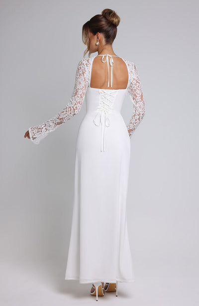 Women's Evening Gown - Sweetheart Neckline - Lace Sleeves - High Slit - Elegant Fit