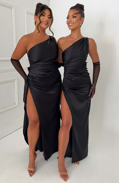 Women’s Evening Gown – One-Shoulder – Ruched Waist – High Slit – Satin Finish