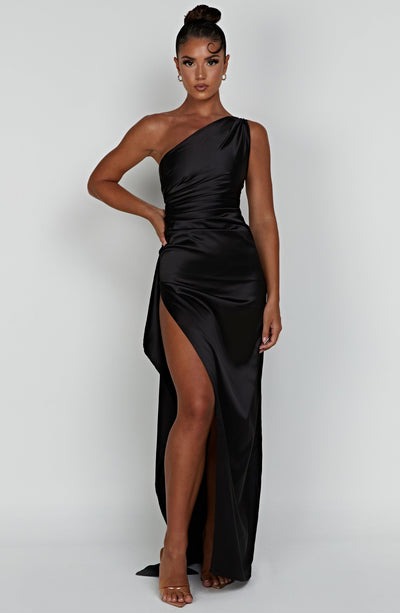 Women’s Evening Gown – One-Shoulder – Ruched Waist – High Slit – Satin Finish