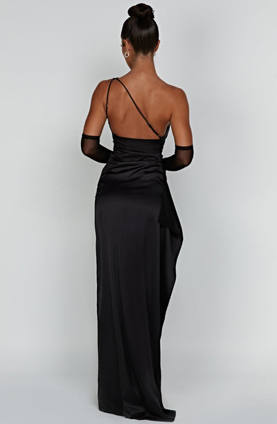 Women’s Evening Gown – One-Shoulder – Ruched Waist – High Slit – Satin Finish