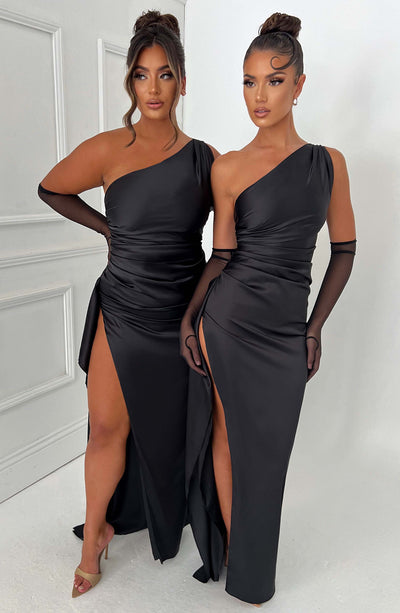 Women’s Evening Gown – One-Shoulder – Ruched Waist – High Slit – Satin Finish