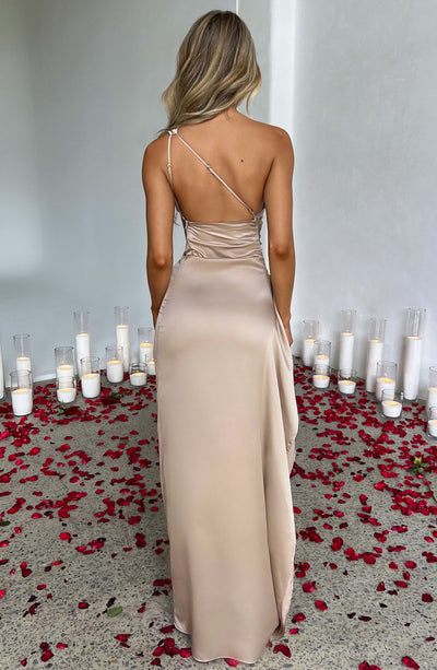 Women’s Evening Gown – One-Shoulder – Ruched Waist – High Slit – Satin Finish