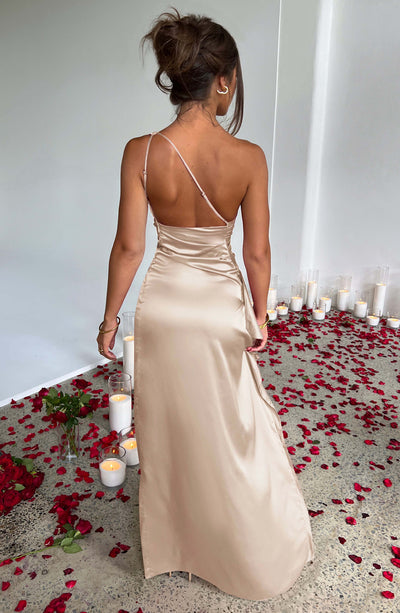 Women’s Evening Gown – One-Shoulder – Ruched Waist – High Slit – Satin Finish