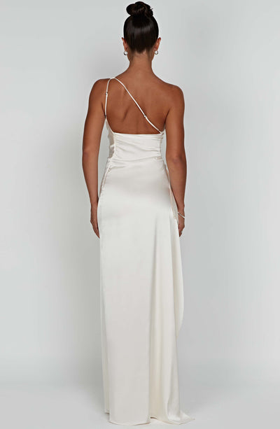 Women’s Evening Gown – One-Shoulder – Ruched Waist – High Slit – Satin Finish