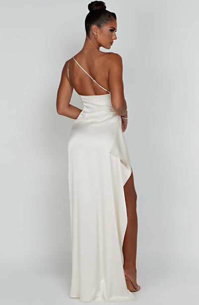 Women’s Evening Gown – One-Shoulder – Ruched Waist – High Slit – Satin Finish