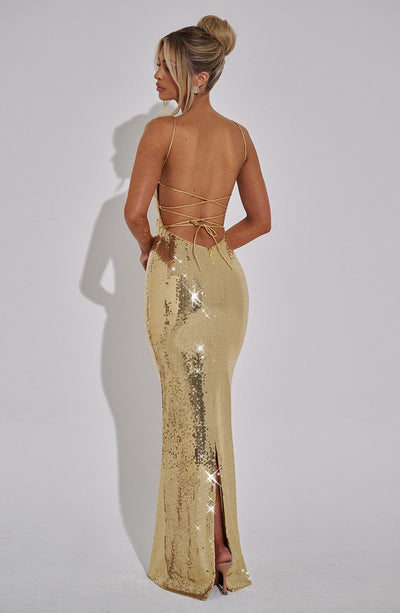 Women’s Evening Gown - Sequin Embellished - Spaghetti Strap - Fitted Floor-Length