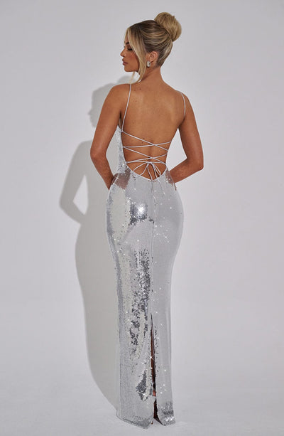 Women’s Evening Gown - Sequin Embellished - Spaghetti Strap - Fitted Floor-Length