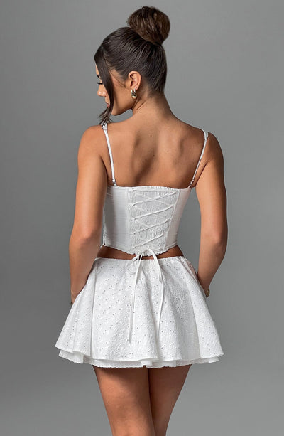 Women’s Two-Piece Set – Bustier Crop Top with Ruched Front – Flared High-Waist Mini Skirt