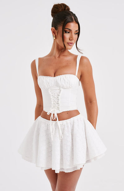 Women’s Two-Piece Set – Bustier Crop Top with Ruched Front – Flared High-Waist Mini Skirt