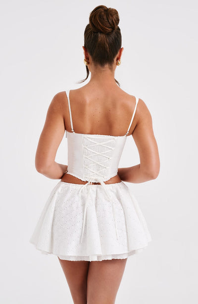 Women’s Two-Piece Set – Bustier Crop Top with Ruched Front – Flared High-Waist Mini Skirt