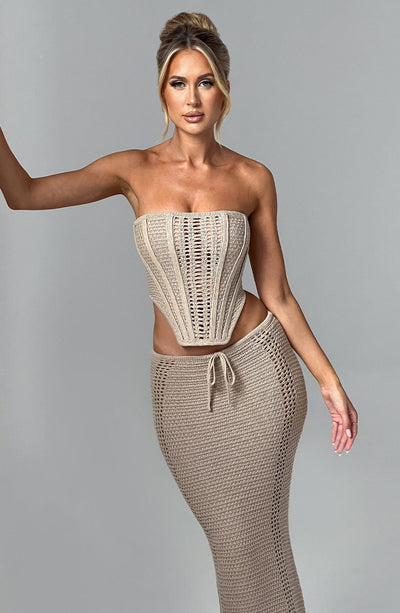 Women’s Two-Piece Set – Strapless Crochet Corset Top – Maxi Skirt with Drawstring Waist