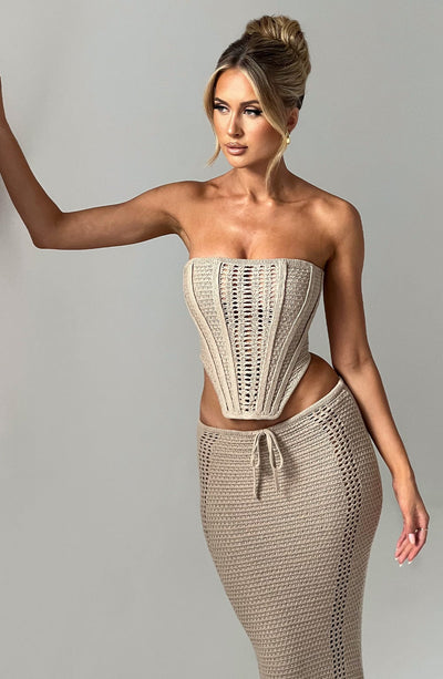 Women’s Two-Piece Set – Strapless Crochet Corset Top – Maxi Skirt with Drawstring Waist