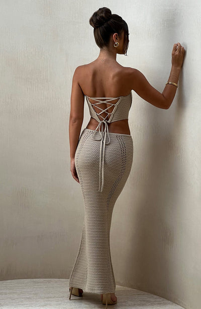 Women’s Two-Piece Set – Strapless Crochet Corset Top – Maxi Skirt with Drawstring Waist