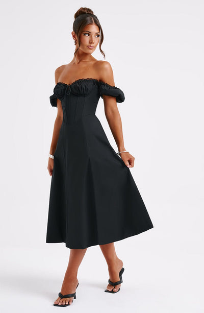 Women’s Midi Dress – Off Shoulder – Corset Bodice – Ruffle Detail – A-Line Fit